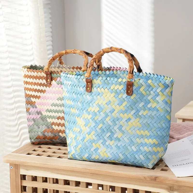 Basket Bag Wicker - Vintage Bambusgriff Rattan Damen Handtaschen Korbgeflecht