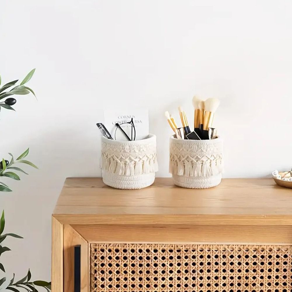 Basket Bag Wicker - Quasten-Desktop-Aufbewahrungskorb Weiß Kaffeebraun Baumwollseil Make-up-Pinsel-Aufbewahrungsbox Runder