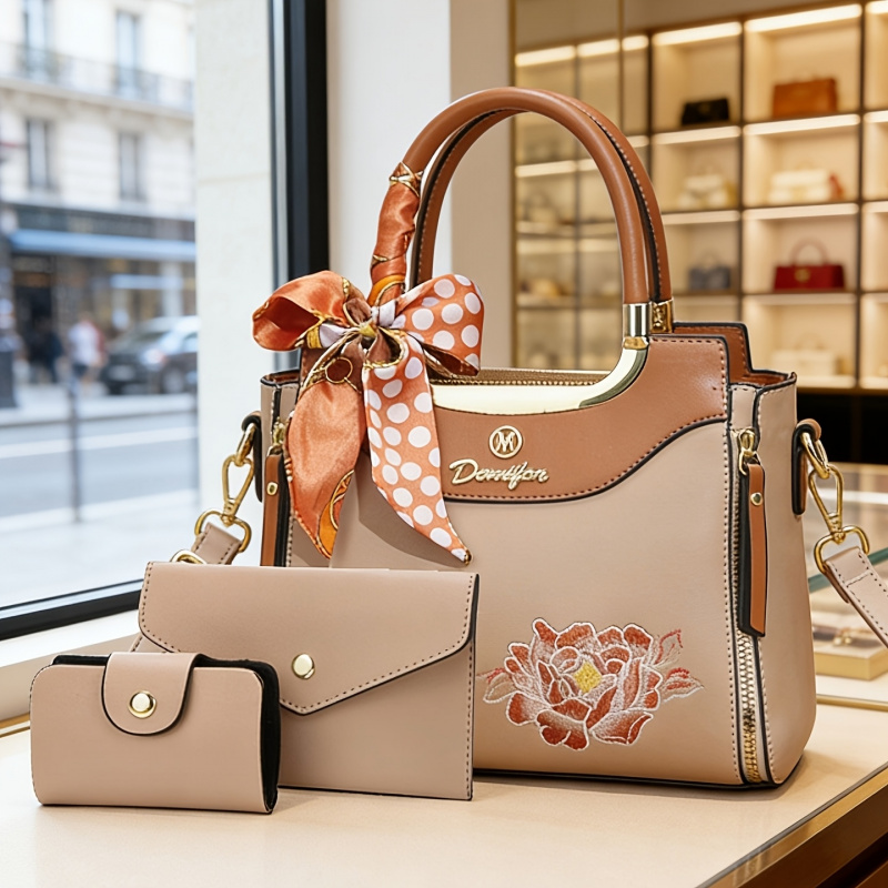Women Bags Office - Hochwertiges, besticktes Handtaschen-Set aus 3 Teilen,