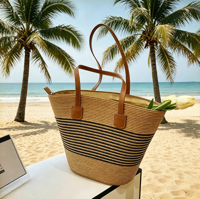 Women Bags Large - CLAREGQI Damen-Tragetasche aus gestreiftem Stroh, gewebte