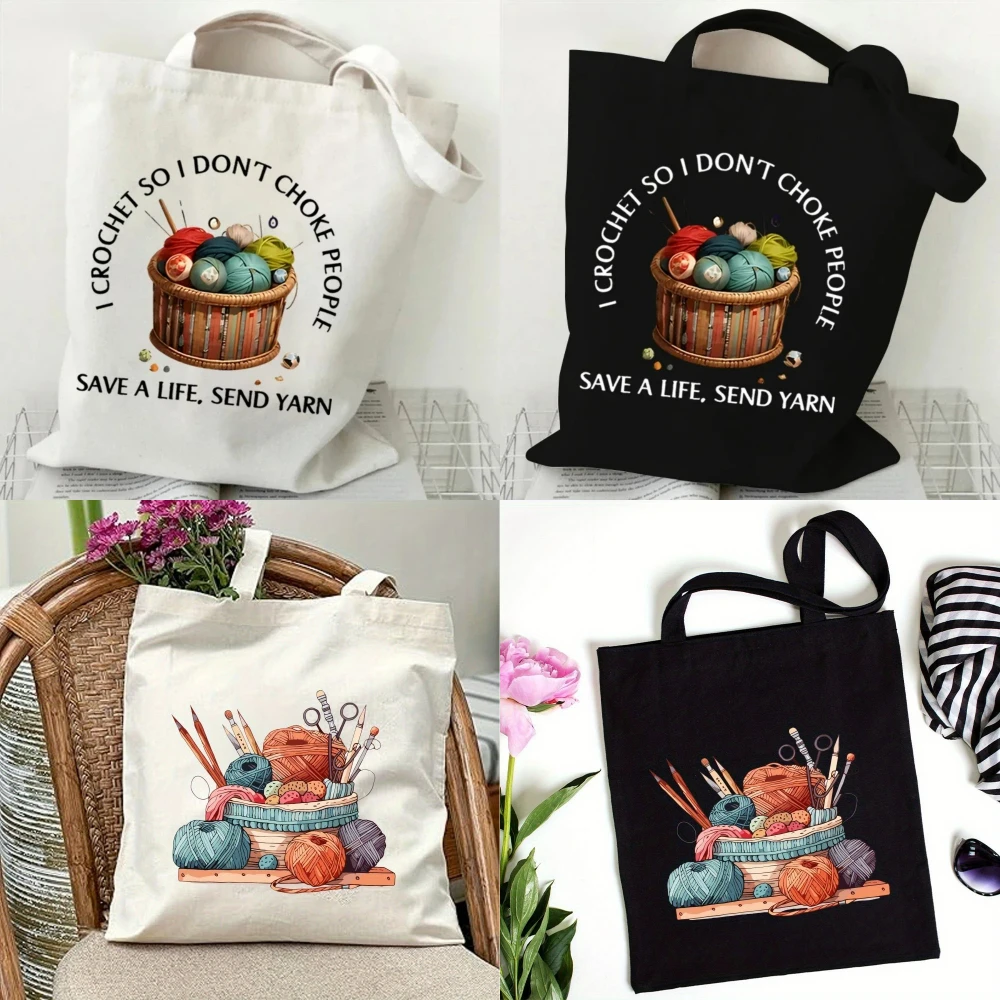 Women'S Yoga Bags - Klassische Wollknäuel-Strickhandtasche für Damen, Canvas-Einkaufstasche, umweltfreundliche