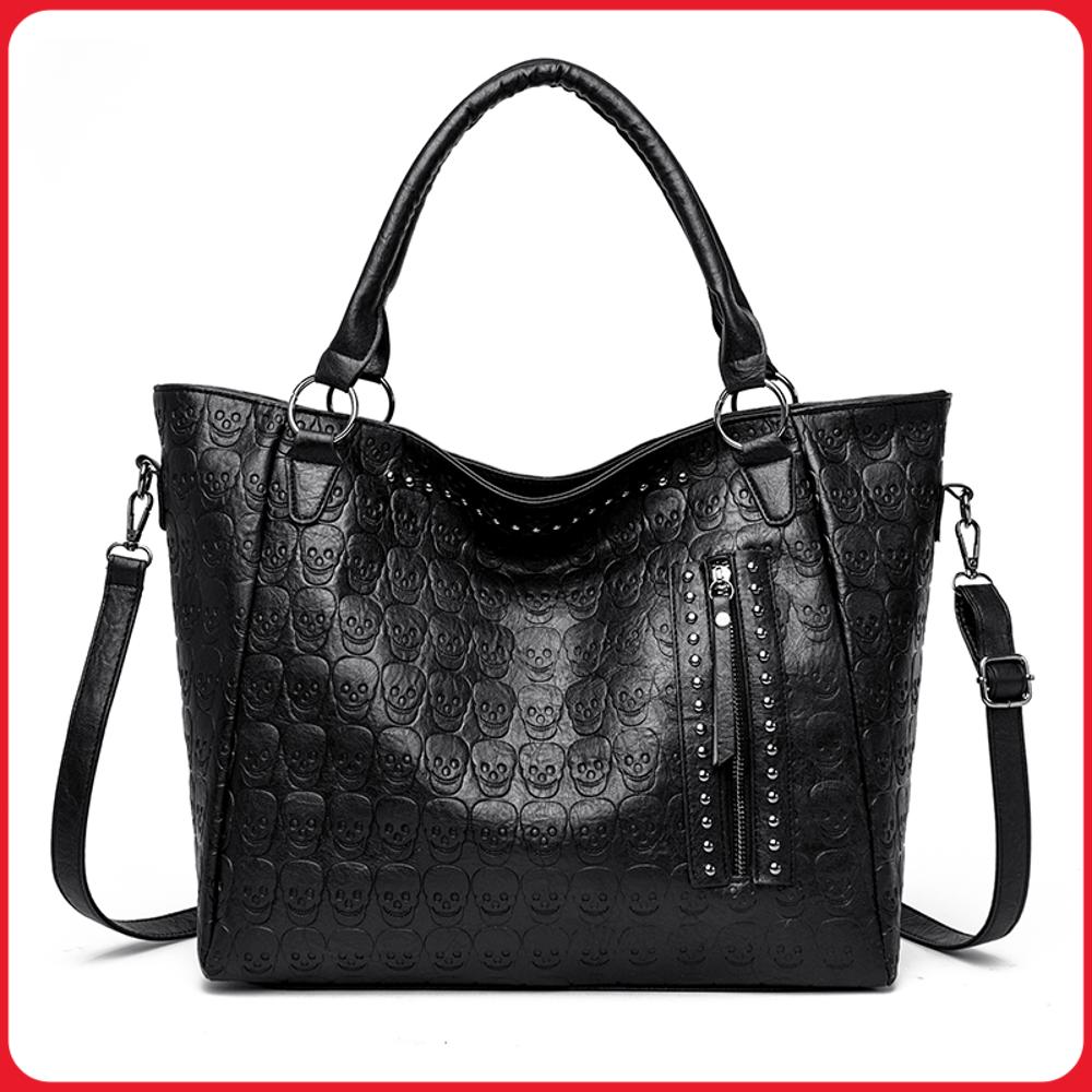 Women'S Tote Bags For Work - Punk-Totenkopf-Umhängetasche aus PU-Leder mit Nieten, modische